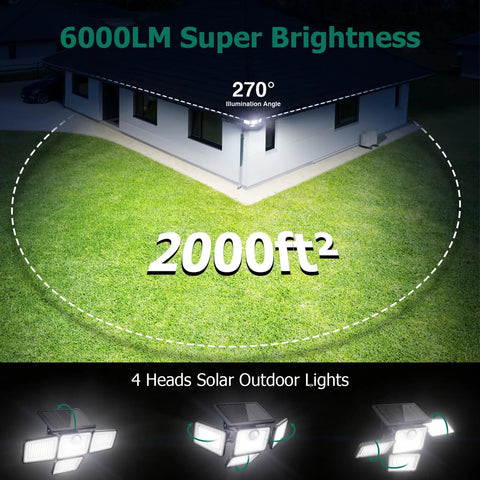 Game Changer 6000 Lumen Solar Outdoor Lights Four Head Motion Sensor Three Mode Operation IP65 Weatherproof Security Flood Remote Control Badass Yard And Backyard Illumination Two Pack Bundle