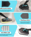 3 In 1 Bathtub Scrubber With Long Reach Extends 51 Inches And Flips Up To 180 Degrees Locks At 45 And 90 showing bristles, cotton, microfiber pads