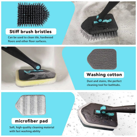 3 In 1 Bathtub Scrubber With Long Reach Extends 51 Inches And Flips Up To 180 Degrees Locks At 45 And 90 showing bristles, cotton, microfiber pads
