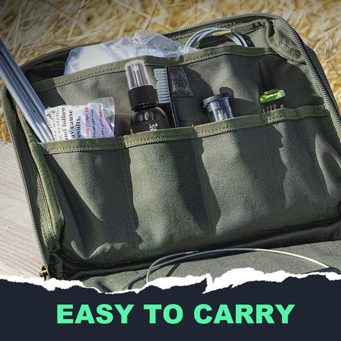 All-In-One Gun Cleaner And Lubricant Kit With CLP Solvent Spray, 2oz And 1oz Needle Oiler Bottles in green carrying case