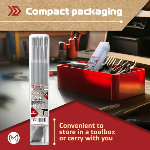 Four Piece SDS Plus Chisel Set in packaging with point, flat, scaling, and tile chisels, 10 inch 40Cr steel for masonry demolition