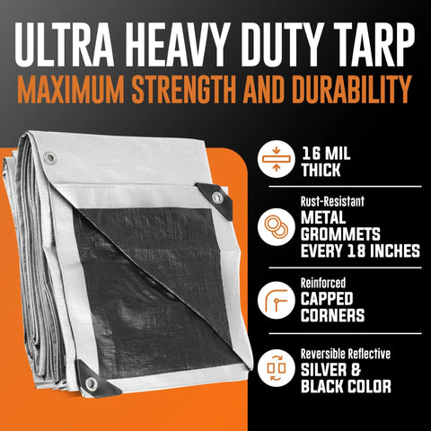 Beefy 16 Mil Heavy Duty Tarp With UV Resistant Waterproof Poly Tarpaulin Grommets Every 18 Inches Reversible Silver And Black 10 By 12 Feet For Construction And Outdoor Use with highlighted features
