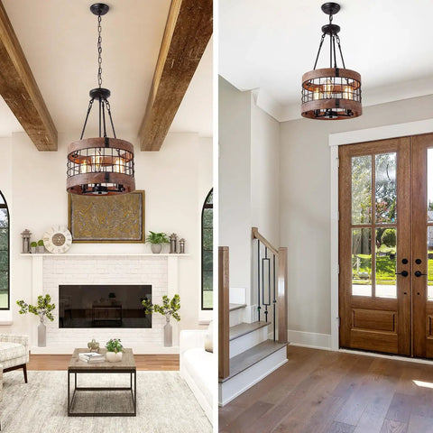 Round Wood And Metal Chandelier With Three Lights Dope Modern Farmhouse Pendant Lighting in living room and hallway settings