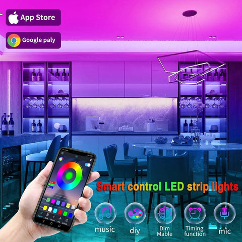 Modern room with Music Sync RGB LED Strip Lights For Bedroom Vibe Two 65ft Rolls With Remote And App Control Color Changing Ambient Mood Lighting
