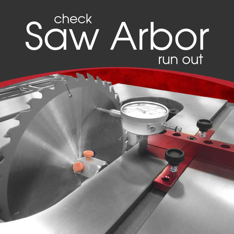 A Line It Deluxe Table Saw Alignment Tool With Digital Dial Indicator next to saw blade, measuring arbor run-out