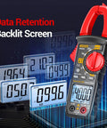 All-In-One Digital Clamp Meter Multimeter For AC And DC Current And Voltage NCV Capacitance Resistance Diodes Continuity Frequency Backlit LCD 4000 Counts Handy Pro-Grade Electrician Tool For Quick Troubleshooting with backlit screen display.