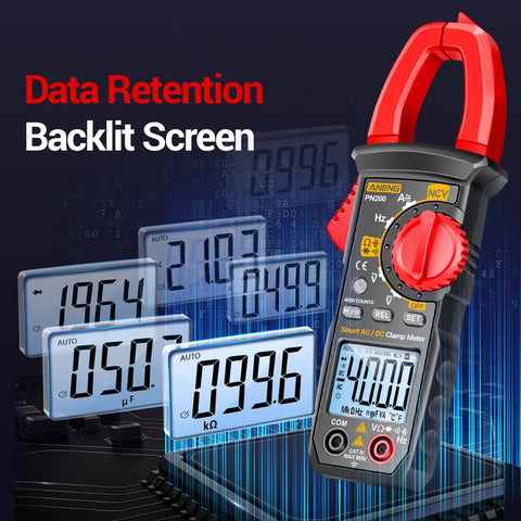 All-In-One Digital Clamp Meter Multimeter For AC And DC Current And Voltage NCV Capacitance Resistance Diodes Continuity Frequency Backlit LCD 4000 Counts Handy Pro-Grade Electrician Tool For Quick Troubleshooting with backlit screen display.