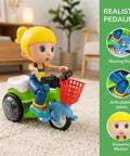 360 Degree Electric Stunt Tricycle Toy With LED Lights And Music, omnidirectional wheels, shown with rider figure and basket