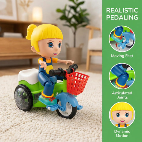 360 Degree Electric Stunt Tricycle Toy With LED Lights And Music, omnidirectional wheels, shown with rider figure and basket