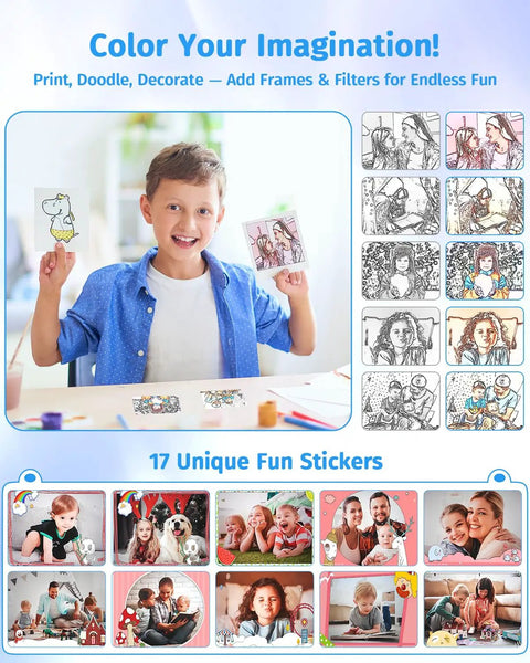 Child displaying print with Dual Lens Instant Print Camera For Kids With 1080P Video And Zero Ink Printing Includes 32GB Card And Print Paper