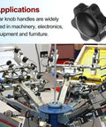 Black star knob next to machinery highlighting applications, Star Knobs M4 Female Thread 25mm Head Plastic Non-Through Hole Brass Insert