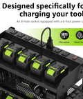 Modular Power Tool Organizer Wall Mount Garage Shelf with four outlet sockets and batteries charging on top tier