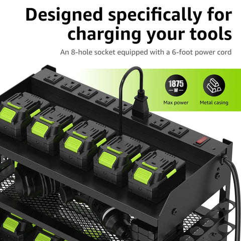 Modular Power Tool Organizer Wall Mount Garage Shelf with four outlet sockets and batteries charging on top tier