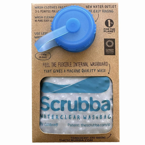 Pocket Sized Portable Travel Wash Bag Featuring Patented Washboard Design Ultra Lightweight Foldable Clothes Cleaner Ideal For Camping Hiking Quick Rinse Skip The Laundromat Fresh On The Go, shown with blue cap and translucent material.