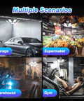 Eight Pack 220W Deformable LED Garage Lights For Workshop Ceiling lights illuminating car, supermarket, warehouse, and gym