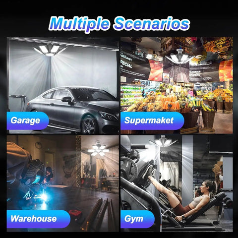 Eight Pack LED Garage Lights With Deformable Panels illuminating a garage, supermarket, warehouse, and gym for 360 degree coverage.