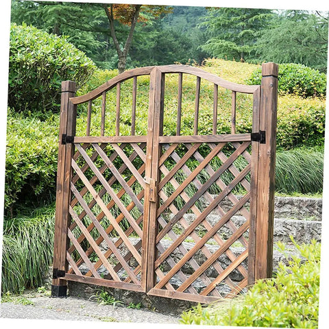 Wooden gate secured with T Shaped Black Painted Door And Window Hinges Three And A Half Inch Heavy Duty Slotted Bearing Hinge For Doors Windows Gates And Furniture At Home And Outdoors With Smooth Operation