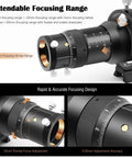 Close-up view of double helical focuser on compact 50mm guide scope kit with fully multi-coated optics for astrophotography.