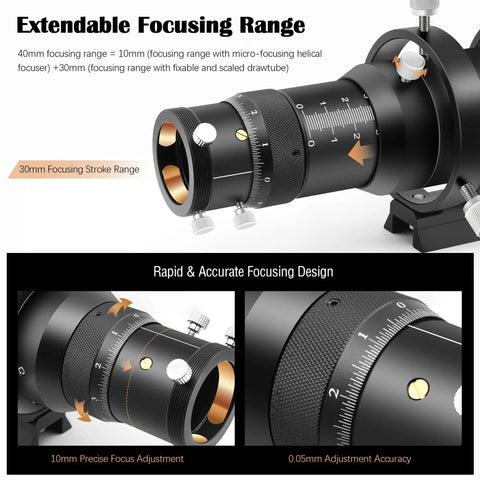 Close-up view of double helical focuser on compact 50mm guide scope kit with fully multi-coated optics for astrophotography.