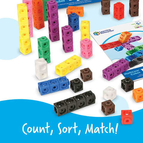Big Builders Math Cubes Set For Kids, colorful counting blocks displayed with activity guide and packaging for classroom use.