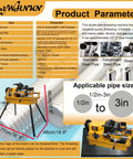 Heavy Duty Electric Pipe Threader Cutter Machine That Makes Short Work Of Steel Copper And Galvanized Pipe Up To 3 Inches with specs.