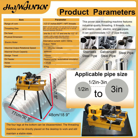 Heavy Duty Electric Pipe Threader Cutter Machine That Makes Short Work Of Steel Copper And Galvanized Pipe Up To 3 Inches with specs.