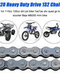 Close-up of 420 heavy-duty motorcycle chain, 132 links, steel gray; fits 110cc–125cc dirt bikes and ATVs