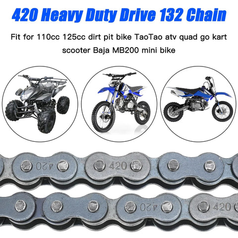 Close-up of 420 heavy-duty motorcycle chain, 132 links, steel gray; fits 110cc–125cc dirt bikes and ATVs