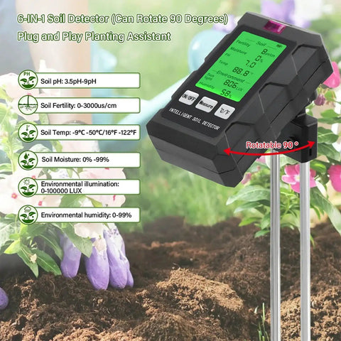 All In One 6 In 1 Soil Tester With pH Meter And LCD Display Measures Soil Moisture Temperature Humidity And Fertility For Gardening Lawn Farm And Outdoor Plants shown in use with garden plants