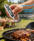 Digital Candy Thermometer Instant Read For Meat And Oil Frying with 9.4 inch probe on steak on grill, BBQ setting.