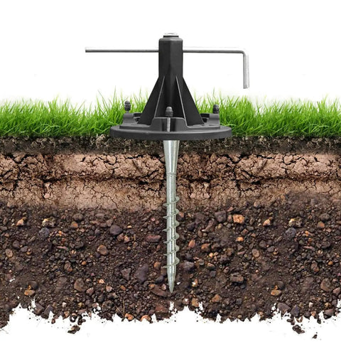 Solar Lamp Post Installation Kit With EZ Anchor Ground Auger And Built In Leveling Tool shown in soil cross-section for DIY use.