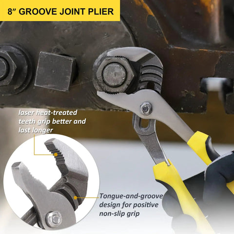 Five Piece Pliers Set With Eight Inch Groove Joint Pliers gripping bolt, showcasing laser-treated teeth and non-slip handle design.