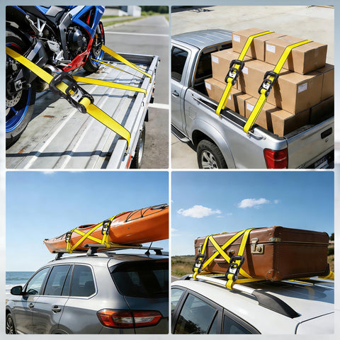 Heavy Duty Ratchet Tie Down Straps 1.5 Inch By 16 Foot 3300 Lb Break Strength 2 Pack securing motorcycle, boxes, kayak, luggage