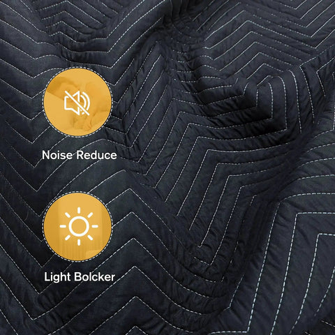 Close-up of 72 By 40 Studio Sound Dampening Blanket with Chevron Pattern, Noise Reduce and Light Blocker icons visible