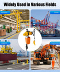 Portable Electric Chain Hoist 2200 Lbs 1 Ton With 10-Foot Lift Height 110-Volt Operation shown in factory, dock, logistics, construction settings.