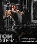 A man performing a seated lat pulldown exercise in a gym setting, showcasing muscular strength and focus.