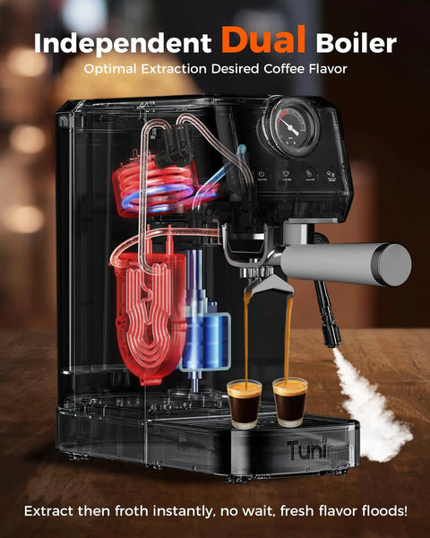 58mm Dual Boiler Espresso Machine Workhorse With Quick Milk Frothing PID NTC Temp Control 20 Bar ULKA Pump Stainless Steel Semi Automatic Coffee Maker For Home Baristas And Coffee Lovers Gift showing internal components and steam function