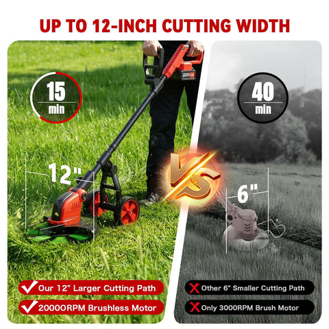 Comparison of Beast Workhorse 20000 RPM Cordless Weed Wacker With Wheel 6000mAh Battery 4 In 1 Brush Cutter next to smaller trimmer