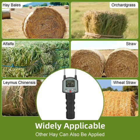 Portable Hay Moisture Tester With Backlit Large Screen, Dead-On 0.5% Accuracy, Fast Readings From 0 To 80% Moisture, Handy Probe For Forage Like Alfalfa, Orchard Grass, And Bales. Used on hay, alfalfa, straw, and orchardgrass bales.