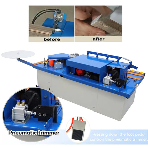 Grab This Badass Automatic Woodworking Edge Bander Countertop Edge Banding Machine For Curved And Straight Pieces With Digital Control Panel And Adjustable Speed Heavy Duty Shop Essential with pneumatic trimmer and foot pedal.
