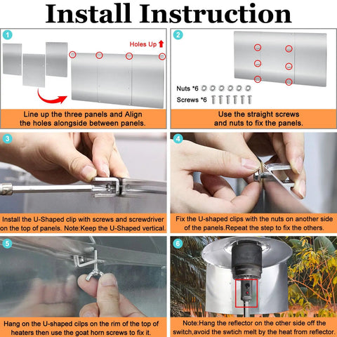 Installation guide for Three Panel Patio Heater Reflector Shield For Outdoor Heaters, showing step-by-step setup process.