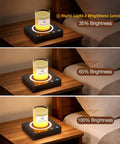 Cordless Mug Warmer With Built In Portable Charger Keeps Coffee Piping Hot On Desks Using Three Heat Settings, displayed with three brightness levels.