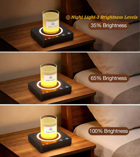 Cordless Mug Warmer With Built In Portable Charger Keeps Coffee Piping Hot On Desks Using Three Heat Settings, displayed with three brightness levels.