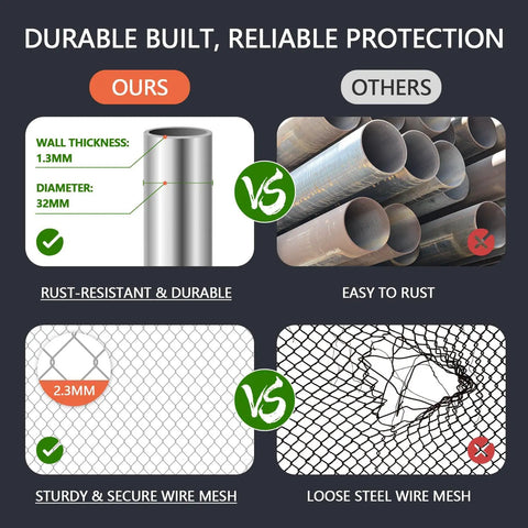 Comparison of durable galvanized steel pipe and wire mesh for heavy duty chain link fence gate versus rusting alternatives.