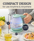 Elite Gourmet Mint Glass Electric Kettle 1L BPA-Free Fast Boil Cordless With Auto Shut Off, shown with fruits and drinks.