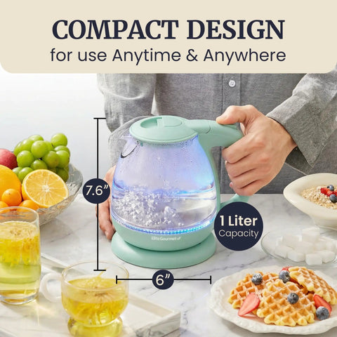 Elite Gourmet Mint Glass Electric Kettle 1L BPA-Free Fast Boil Cordless With Auto Shut Off, shown with fruits and drinks.