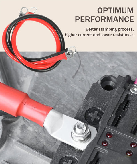 Top Shelf 6 AWG Battery Cable Kit Twenty Inches Of Pure Oxygen Free Copper Wire Paired With Sturdy Three Eighths Terminal Lugs close-up view.