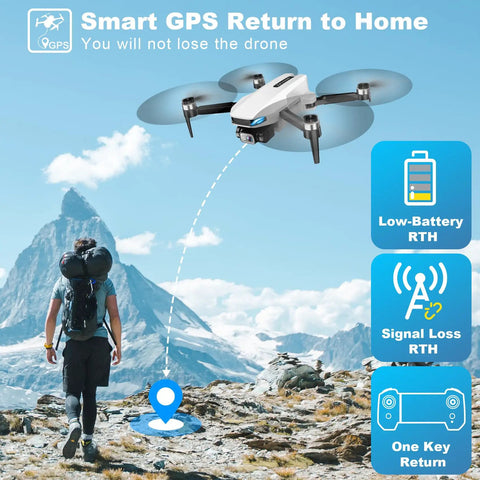 2K HD GPS Drone With Real Time 5G FPV Transmission Auto Return Follow Me Circle Fly Waypoint Fly Optical Flow Foldable Brushless Quadcopter For Adults With 90 Degree Adjustable Camera hovering over mountains