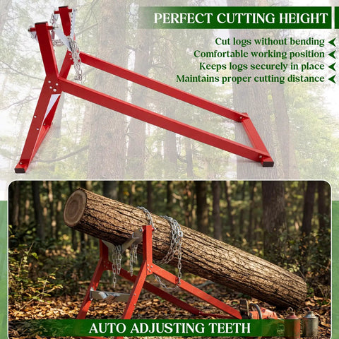 Heavy Duty Steel Log Cutting Stand Folds Flat Saves Garage Space Rip Through Thick Firewood Stacks With Zero Sweat featuring a log securely held.