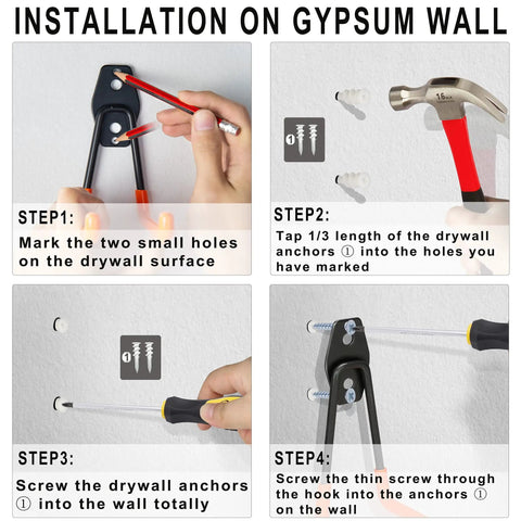 Installation of Heavy Duty Steel Hooks 16 Pack With Anti Slip Coating Wall Mount Garage Storage on gypsum wall